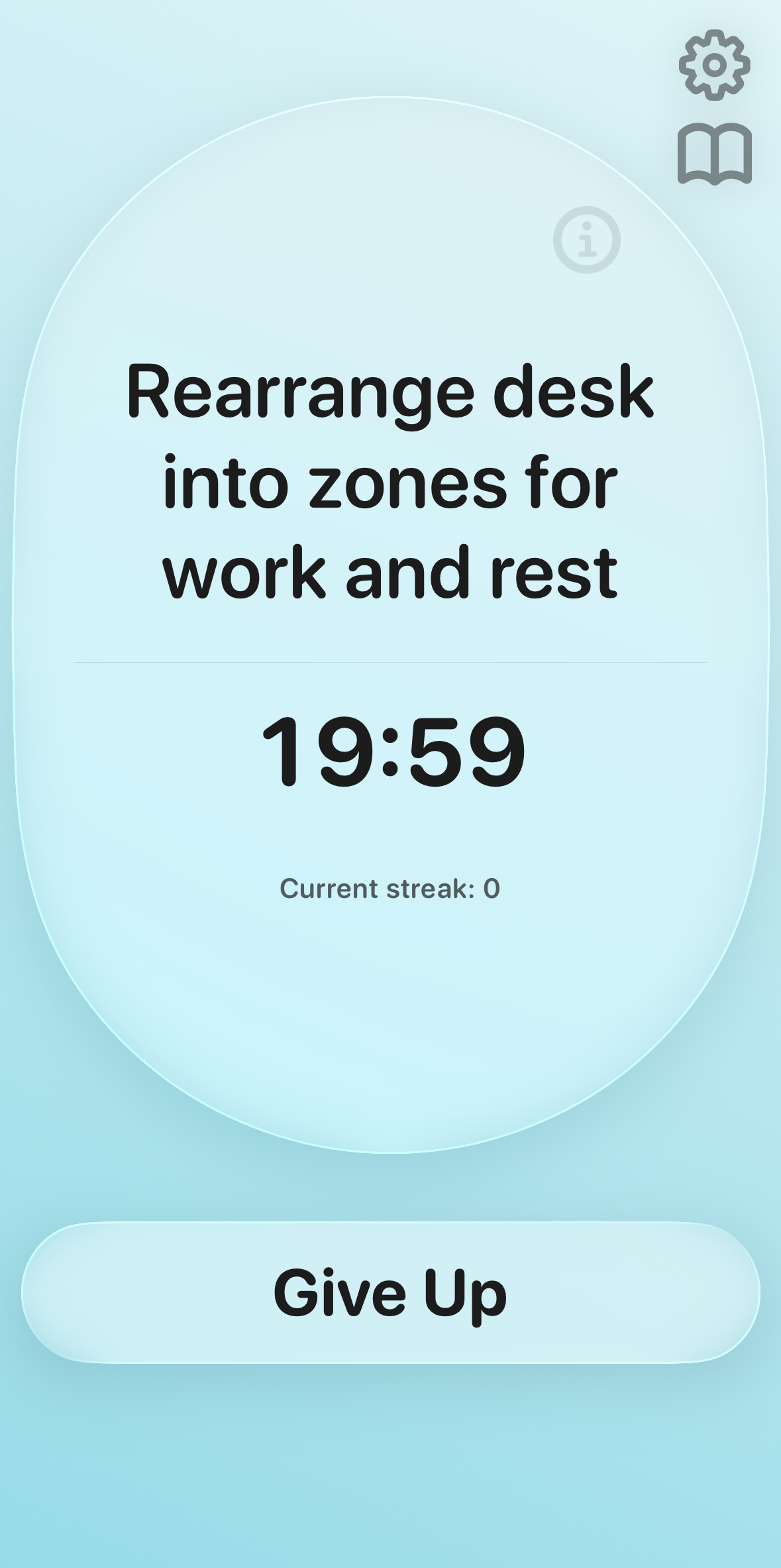Focus task card suggesting a real-world activity with duration and instructions.