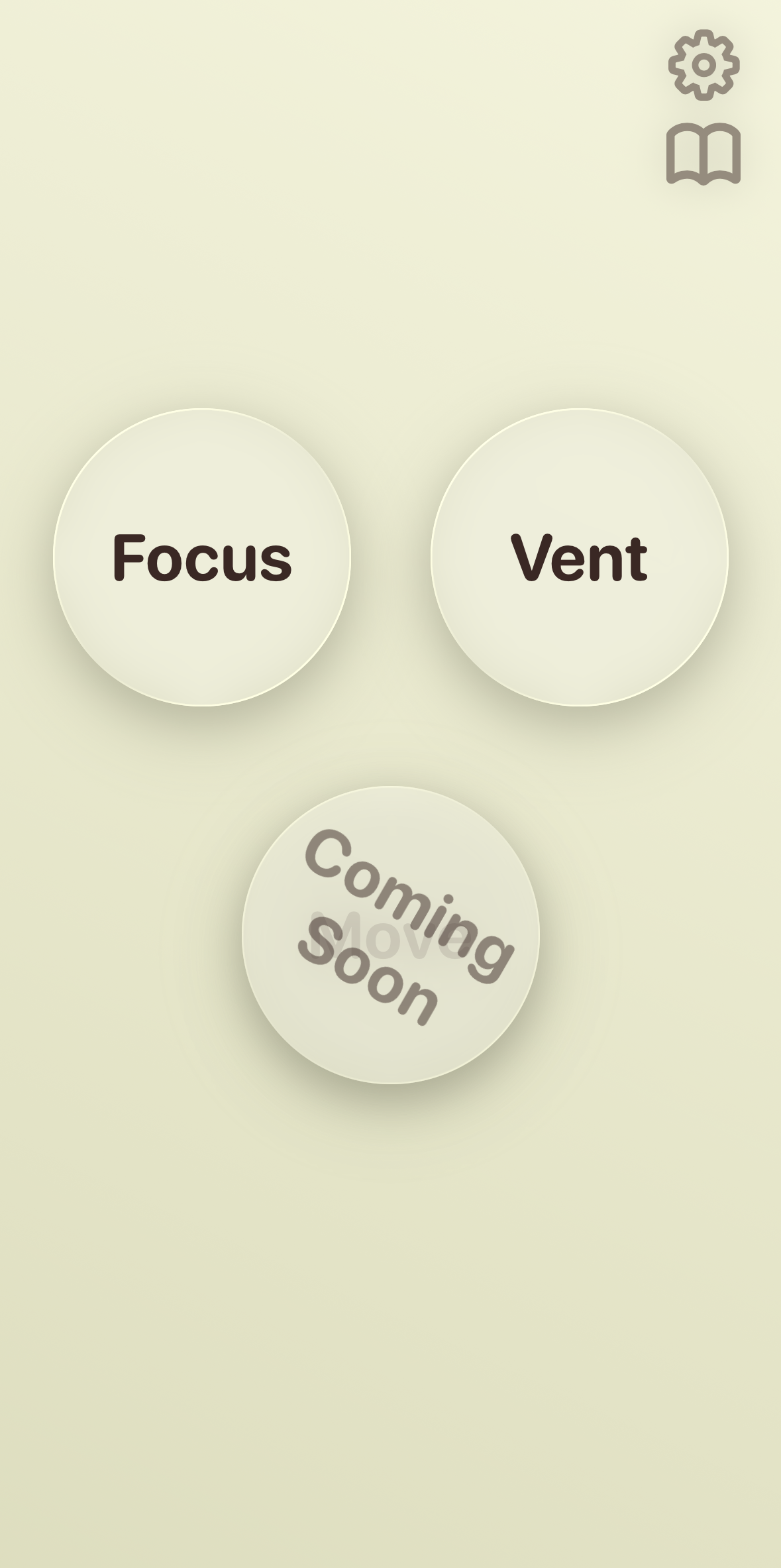 Pivot home screen with another theme showing Focus, Vent, and Move.